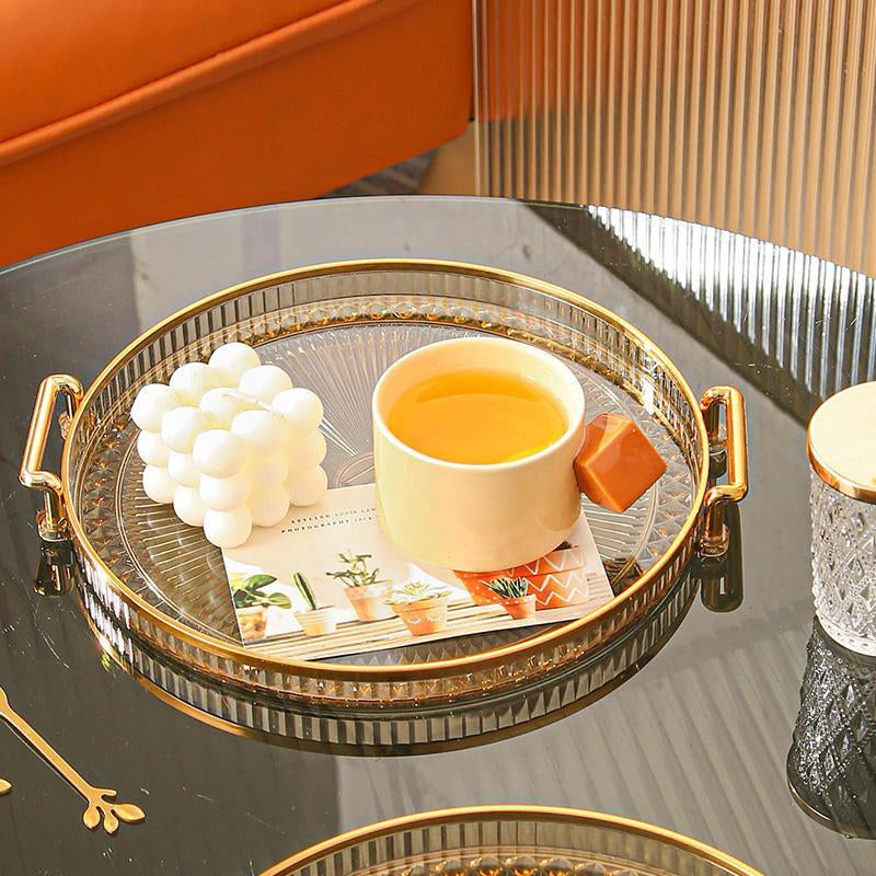 Round Serving Tray, 1 Count Dessert Tray, Clear Serving Tray with Handle, Snack Tray, Tea Tray for Home Decor