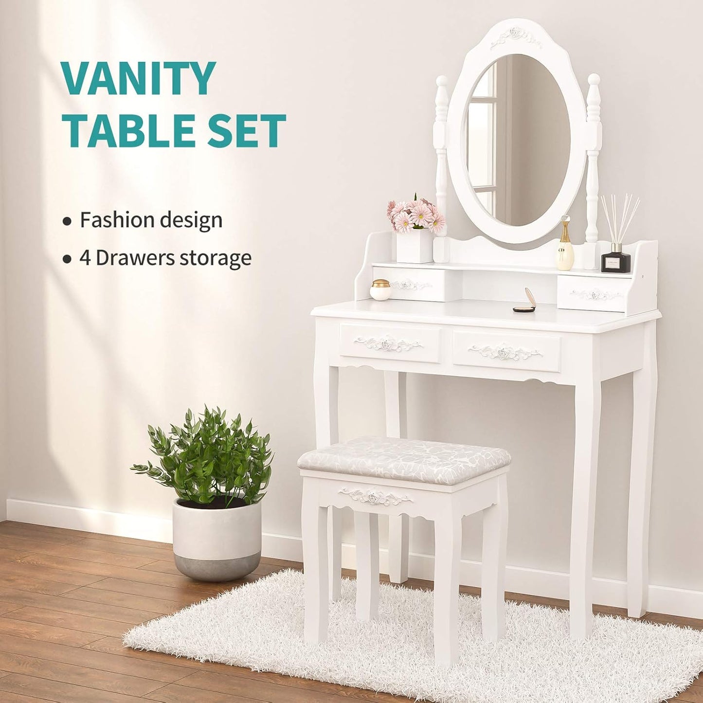 Skipack NA Vanity Table Set with 4 Drawer,Makeup Dressing Table W/Cushioned Stool,Girls Women Bedroom Furniture Set Oval Mirror White