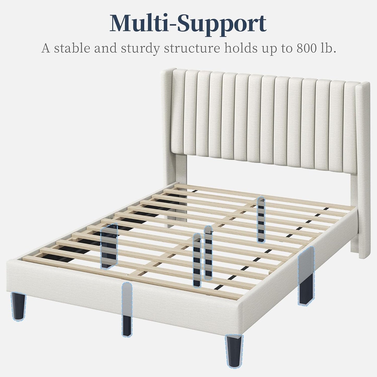 Full Bed Frame Upholstered Platform Bed with Fabric Headboard, Wing Edge Design/Non-Slip and Noise-Free/Wooden Slats Support/No Box Spring Needed/Easy Assembly, Beige Full Bed