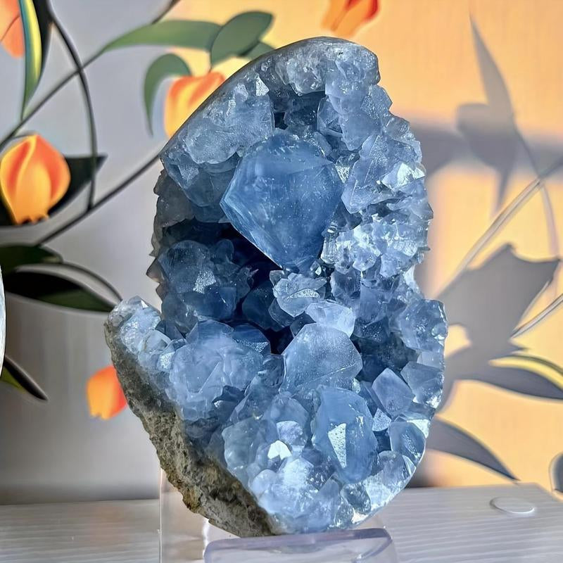 Celestite Crystal Cluster, 1 Count Natural Crystal Stone, Healing Crystal Stone, Home Decor, Desktop Ornament, Energy Crystal, Suitable for Aquarium Decoration