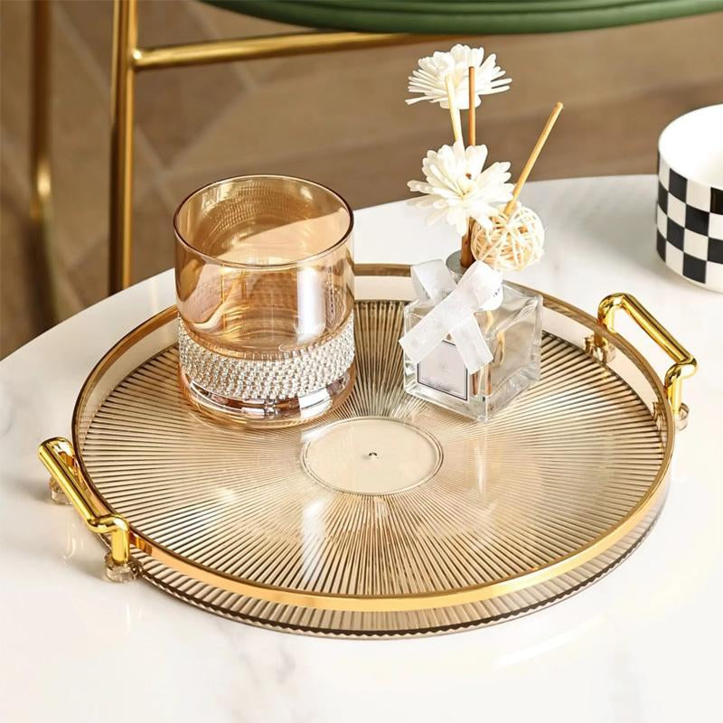 Round Serving Tray, 1 Count Dessert Tray, Clear Serving Tray with Handle, Snack Tray, Tea Tray for Home Decor