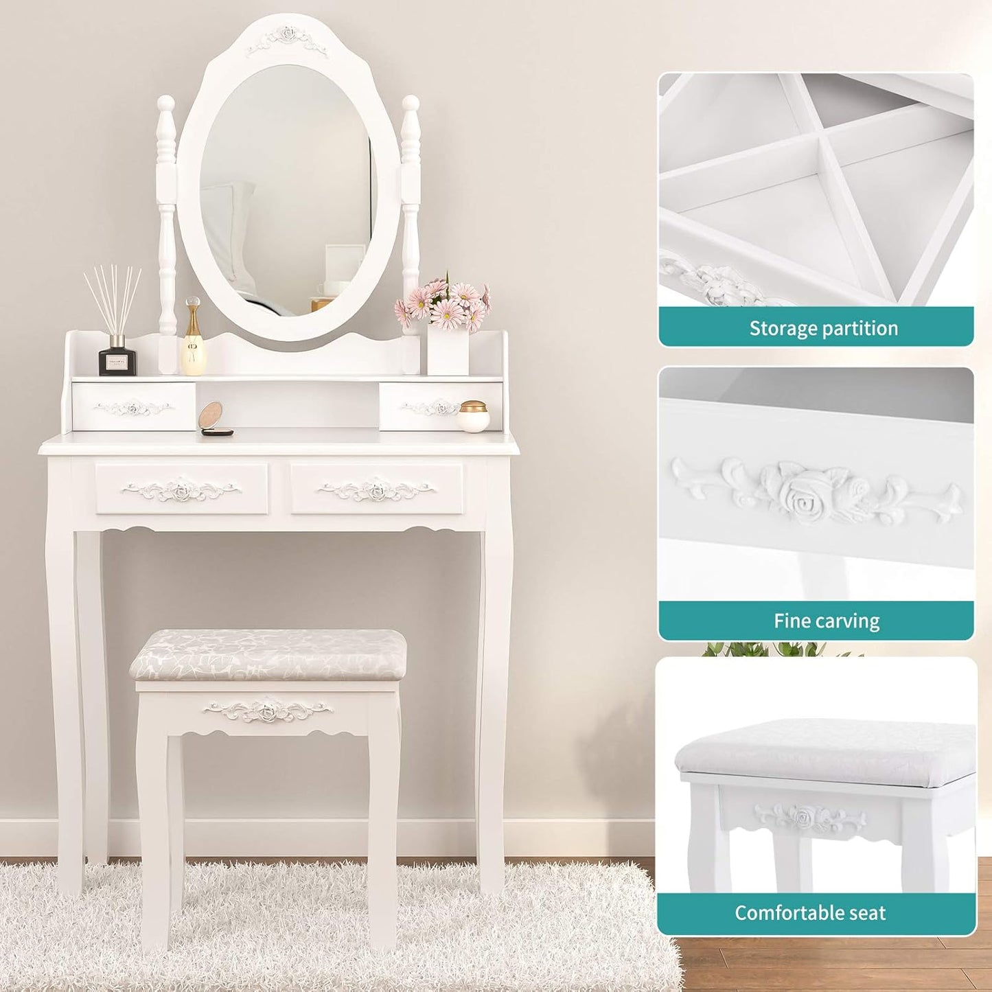 Skipack NA Vanity Table Set with 4 Drawer,Makeup Dressing Table W/Cushioned Stool,Girls Women Bedroom Furniture Set Oval Mirror White