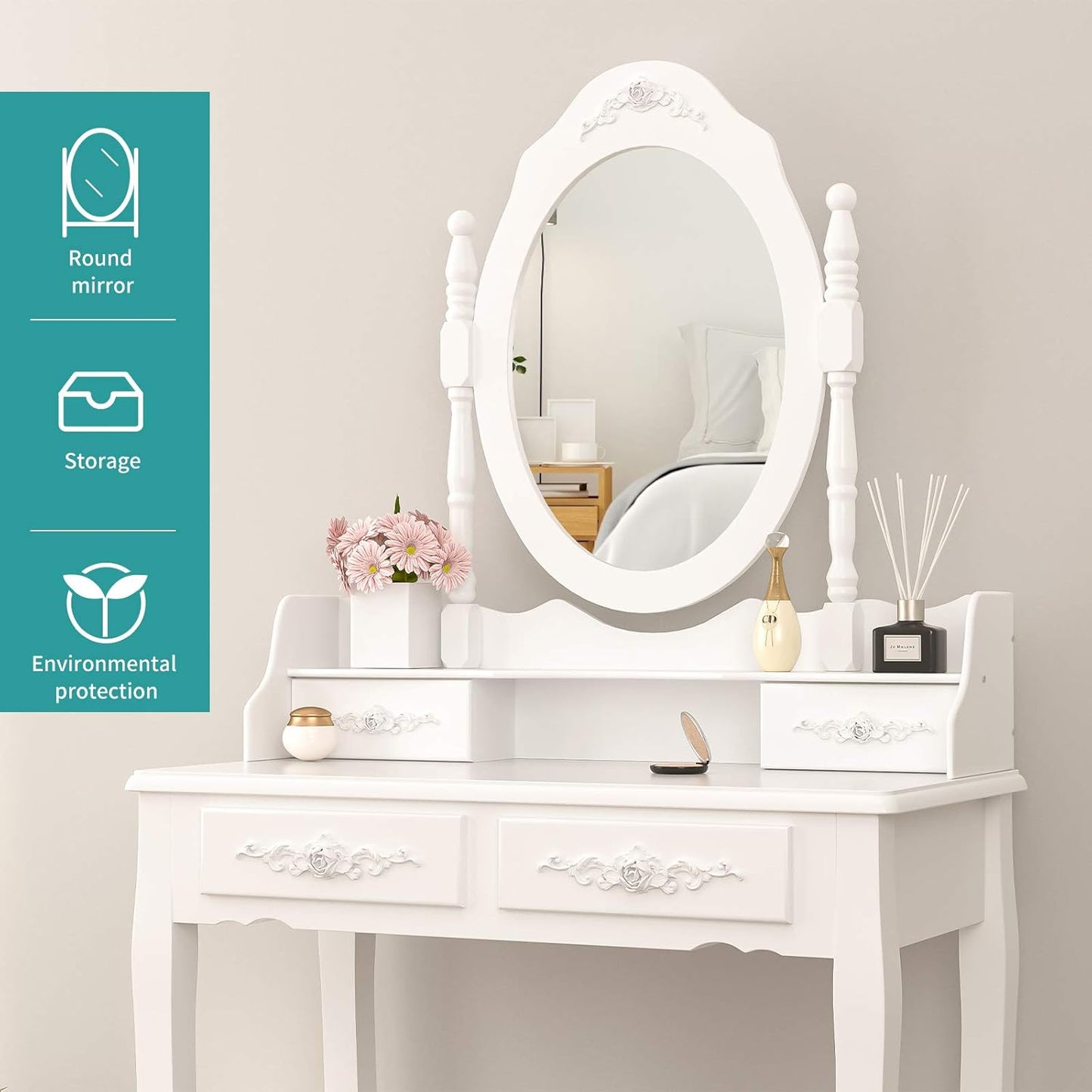 Skipack NA Vanity Table Set with 4 Drawer,Makeup Dressing Table W/Cushioned Stool,Girls Women Bedroom Furniture Set Oval Mirror White
