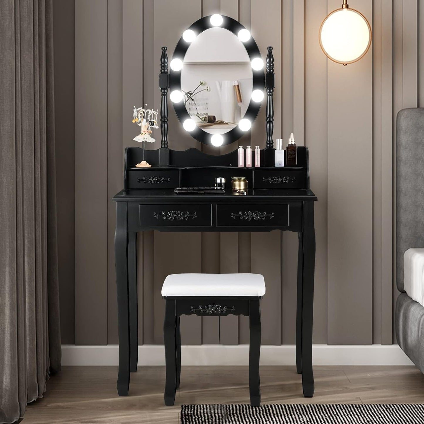 Makeup Vanity Table with 10 LED Lights, Adjustable Brightness, 4 Drawers, Rotatable Mirror, Cushioned Stool, Vanity Desk Dressing Table Bedroom Furniture (Black)