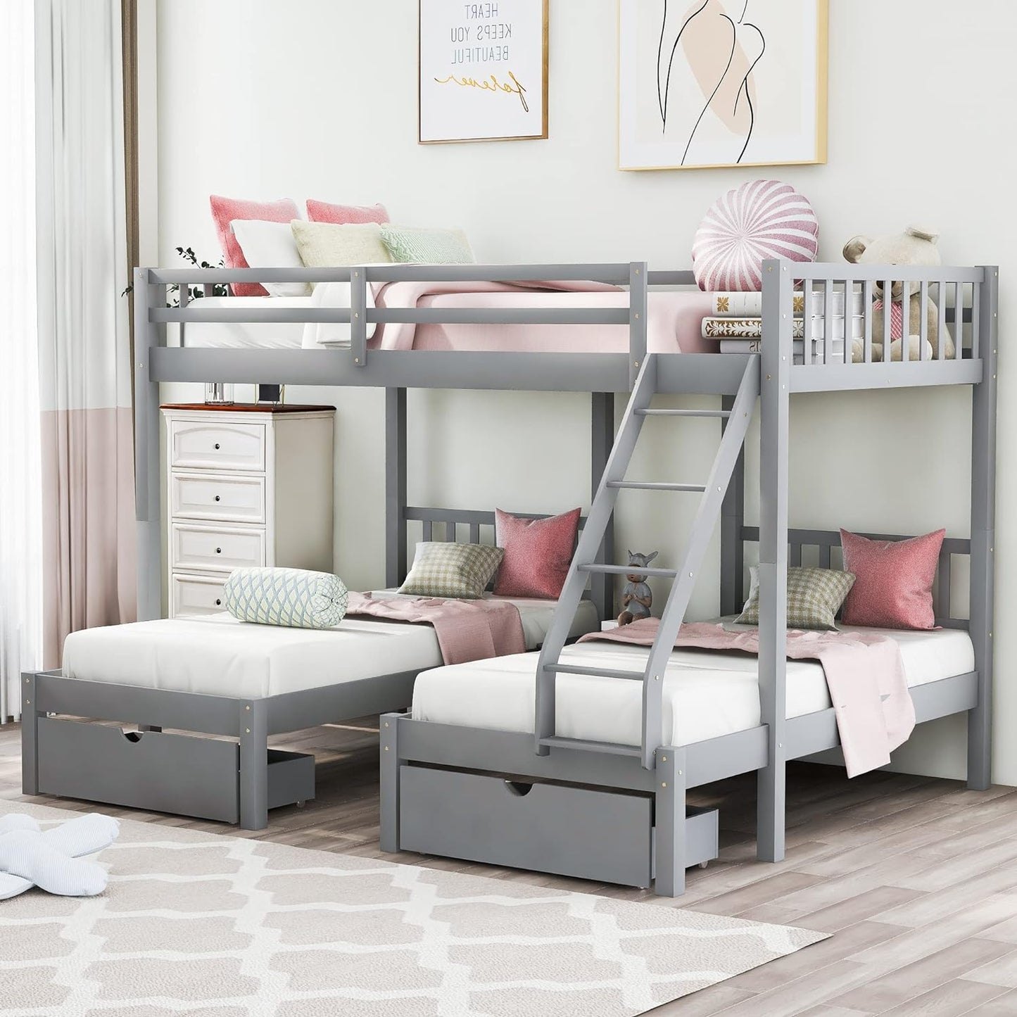 Full over Twin & Twin Bunk Beds, Wooden Triple Bunk Bed Frame with 3 Storage Drawers and Guardrails for Kids, Teens, Bedroom Furniture Bed, Grey