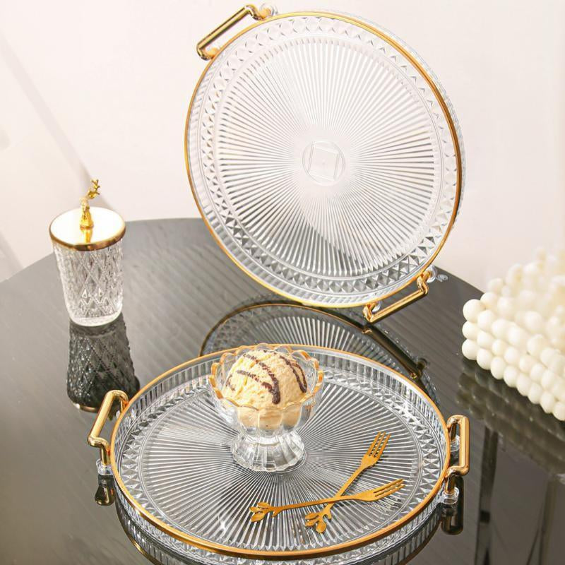 Round Serving Tray, 1 Count Dessert Tray, Clear Serving Tray with Handle, Snack Tray, Tea Tray for Home Decor