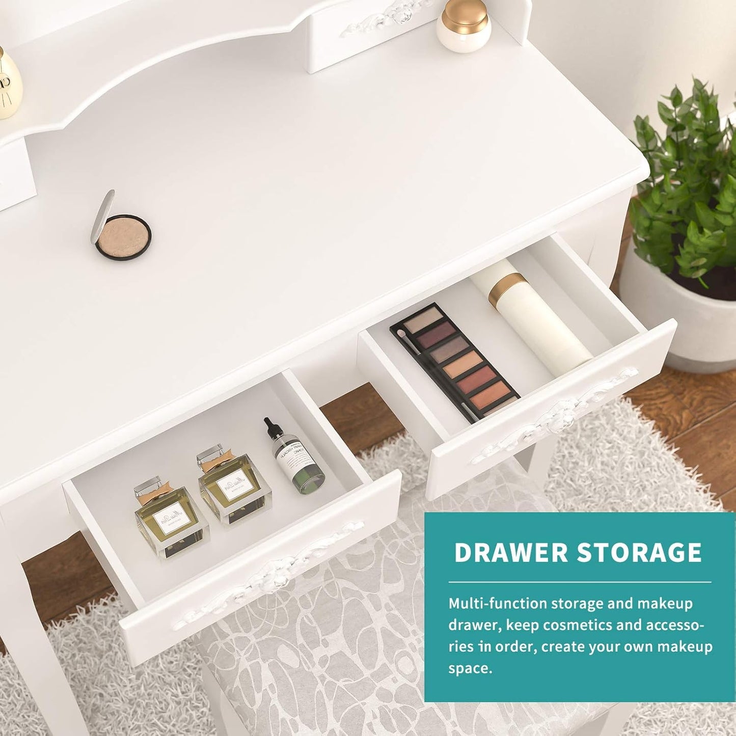 Skipack NA Vanity Table Set with 4 Drawer,Makeup Dressing Table W/Cushioned Stool,Girls Women Bedroom Furniture Set Oval Mirror White
