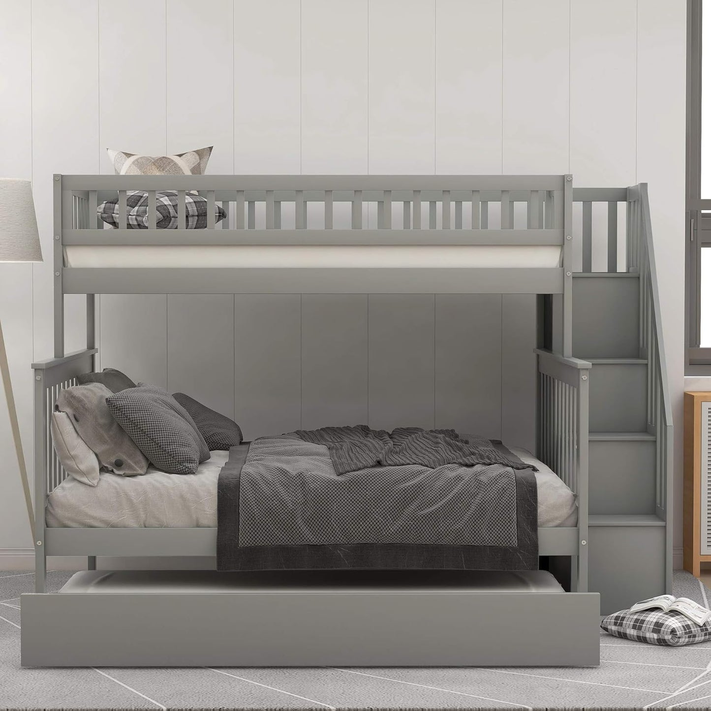 Twin over Full Bunk Bed with Trundle, Wood Bunk Bed Frame with Storage and Safety Rail, Bedroom Furniture, White