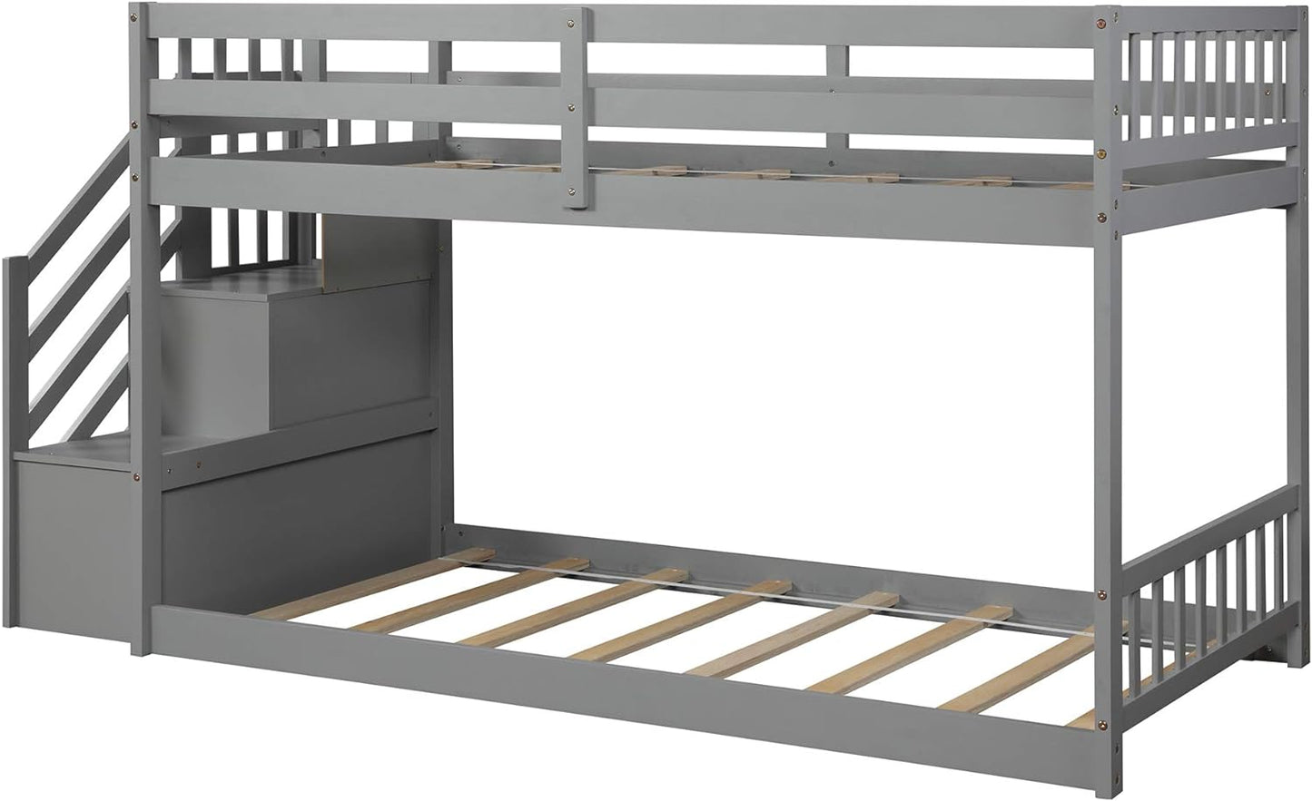 Low Bunk Bed, Wood Twin over Twin Low Floor Bunk Bed, Modern Bunk Bed Frame with Stair and Storage Shelf for Kids,Teens,Boys,Girls,Bedroom Furniture (Gray)
