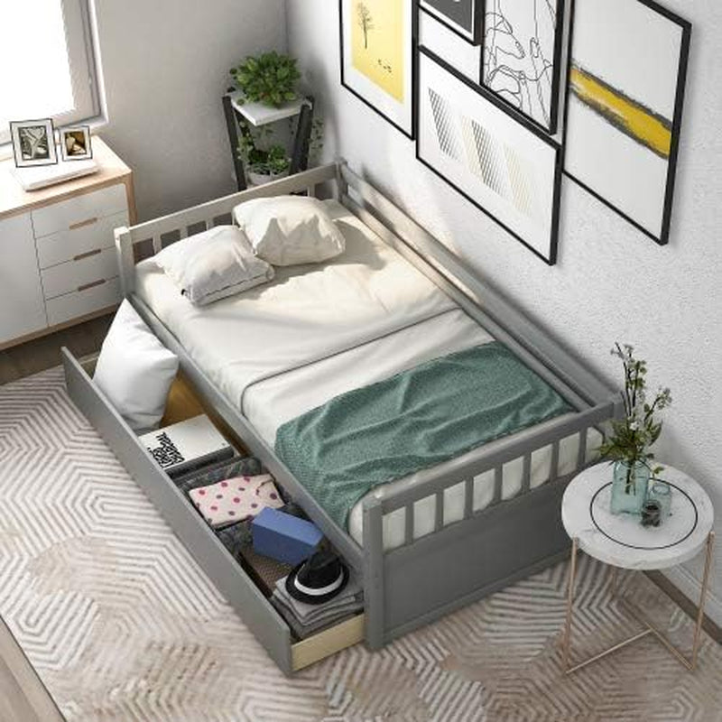 Twin Size Daybed with Inseparable 2 Drawers for Bedroom Wooden Daybed Frame with Storage Drawers Bedroom Furniture Gray 76"X 58.6"X 26.9"(Lxwxh)
