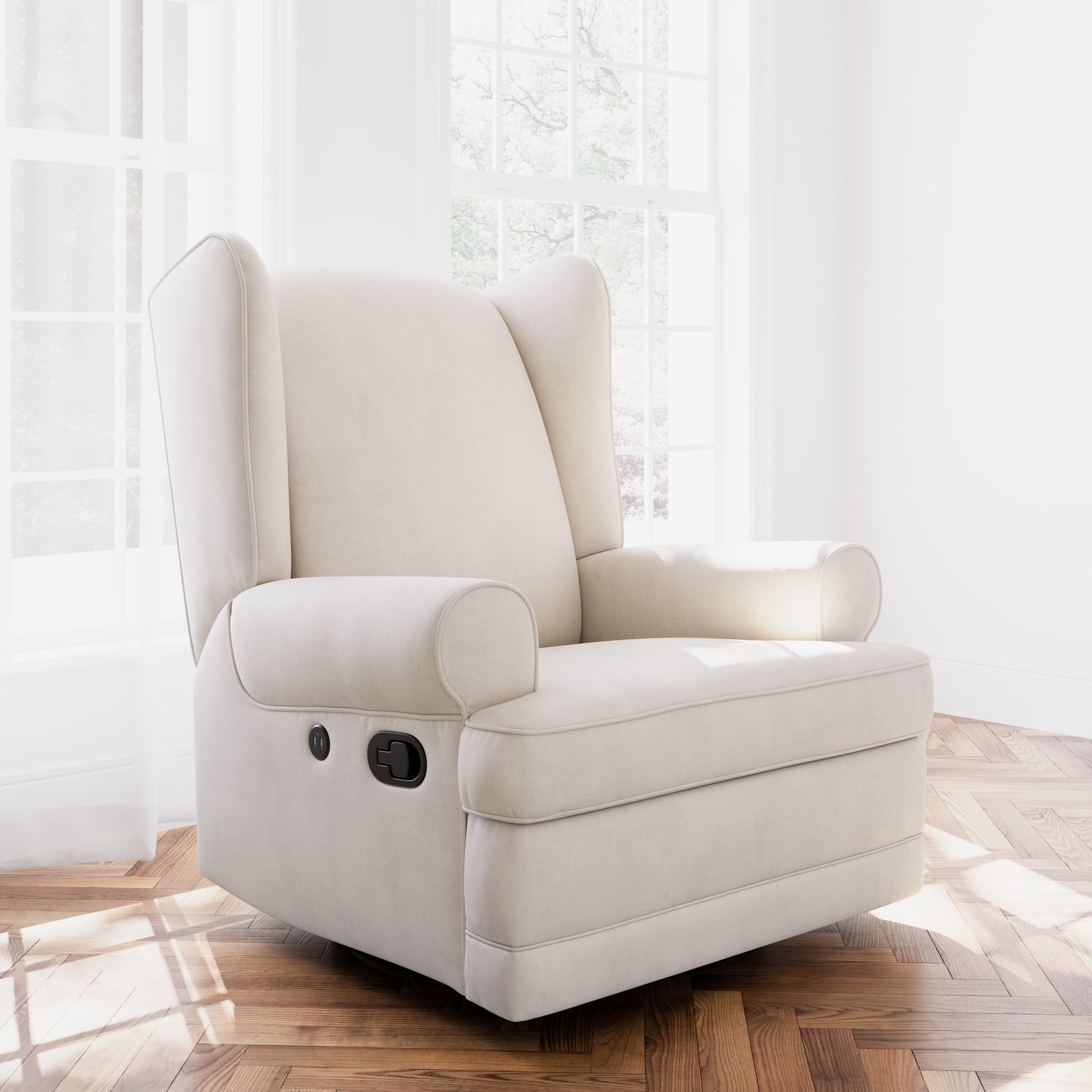 Serenity Wingback Infant Upholstered Recline Glider with USB, Ivory