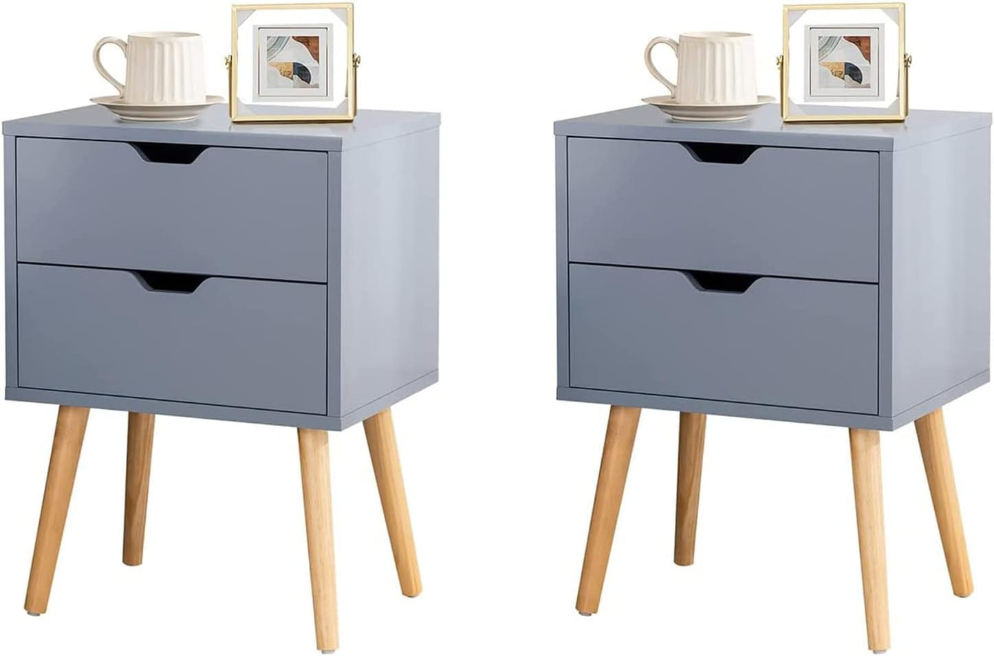 End Side Table Nightstand with Storage Drawer - Fashion Modern Assemble Storage Cabinet Bedroom Bedside - Solid Wood Legs Living Room Bedroom Furniture - Double Drawer Nightstand (Grey)