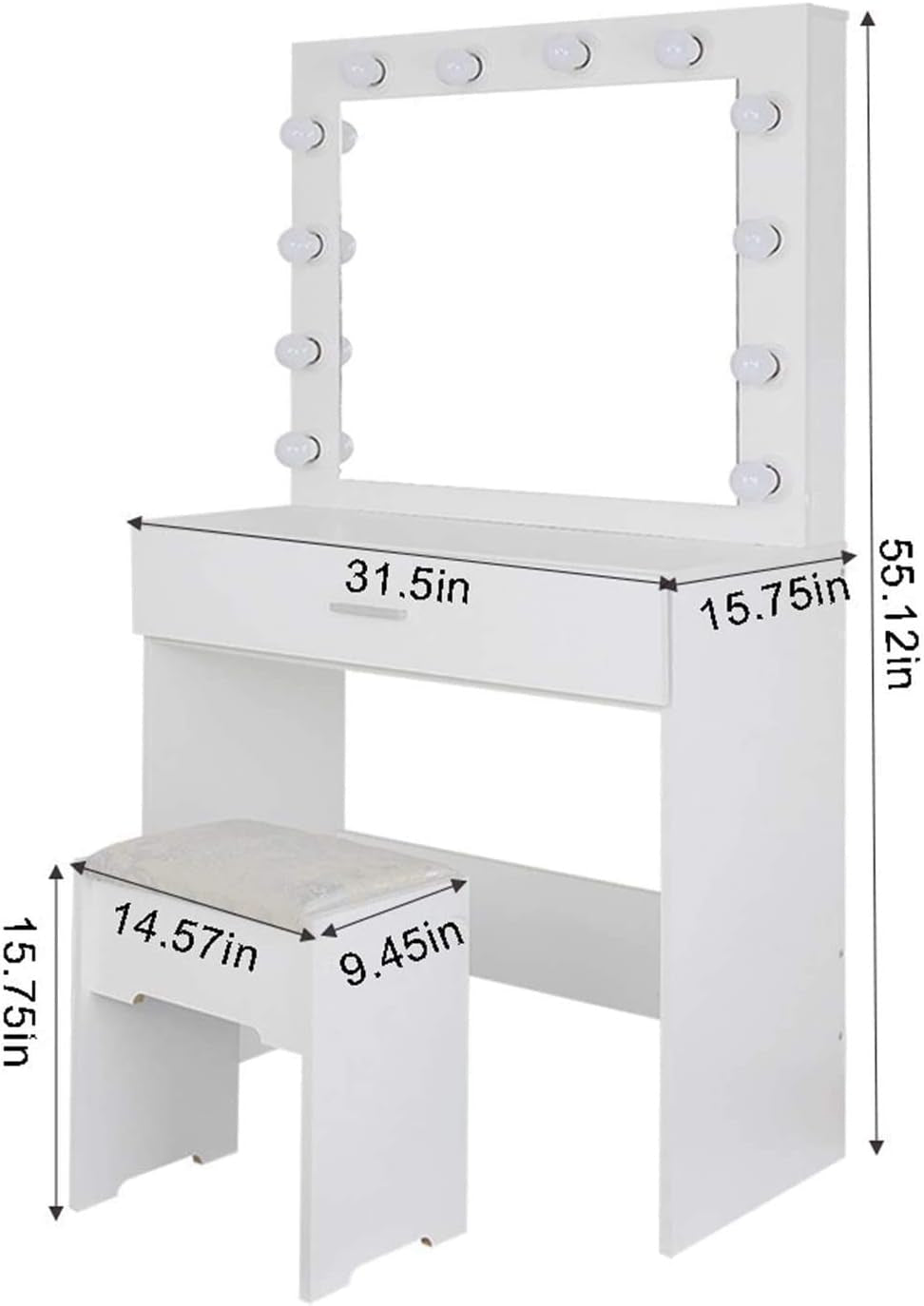 Vanity Set with Lighted Mirror, Makeup Vanity Dressing Table Dresser Desk with Large Drawer for Bedroom, White Bedroom Furniture(12 Cool LED Bulbs)