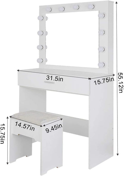 Vanity Set with Lighted Mirror, Makeup Vanity Dressing Table Dresser Desk with Large Drawer for Bedroom, White Bedroom Furniture(12 Cool LED Bulbs)