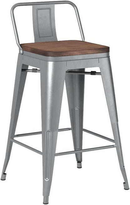 Metal Bar Stools Set of 4 Barstools Counter Height Bar Stools with Back Industrial Bar Stool Indoor Counter Stool Kitchen Island Stools Modern Bar Chair with Wood Top 24 Inch Silver