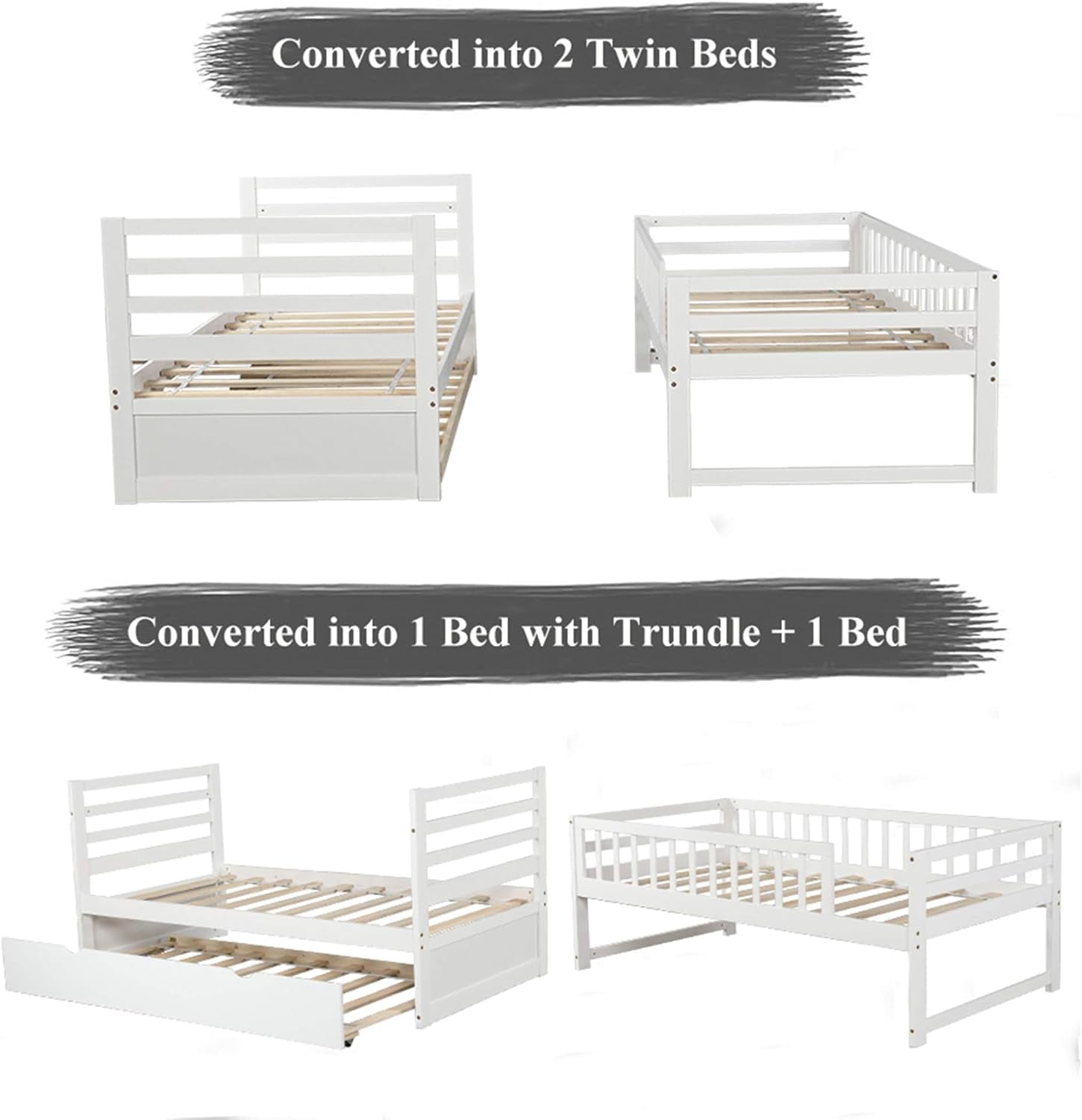 Twin over Twin Bunk Bed, Hinipa Space Saving Design Bedroom Furniture Wood Bunk Beds with Trundle, Ladder and Safety Rail (White)