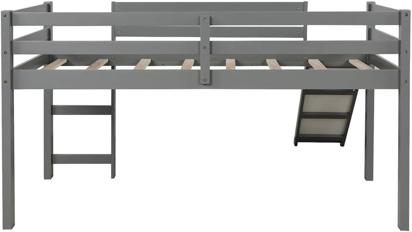 Loft Bed with Slide, Multifunctional Design Twin Wood Bed Frame (Gray)