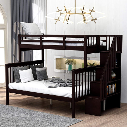 Bunk Bed with Stairway, Wood Bedroom Furniture Twin over Full Bunk Bed Frame with Storage and Safety Guard Rail, Convertible to Separate 2 Beds (Espresso)
