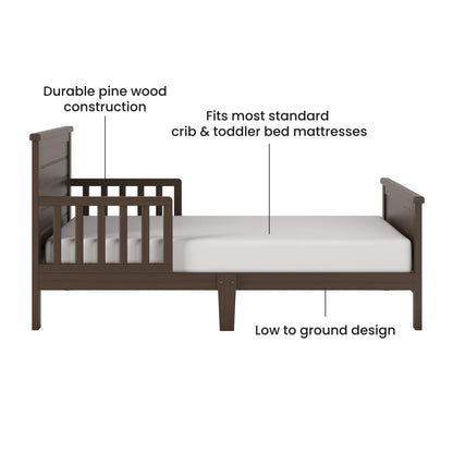 Woodland Toddler Bed and Nightstand Bedroom Set, Low to Ground Design, Brushed Truffle, 2-Piece