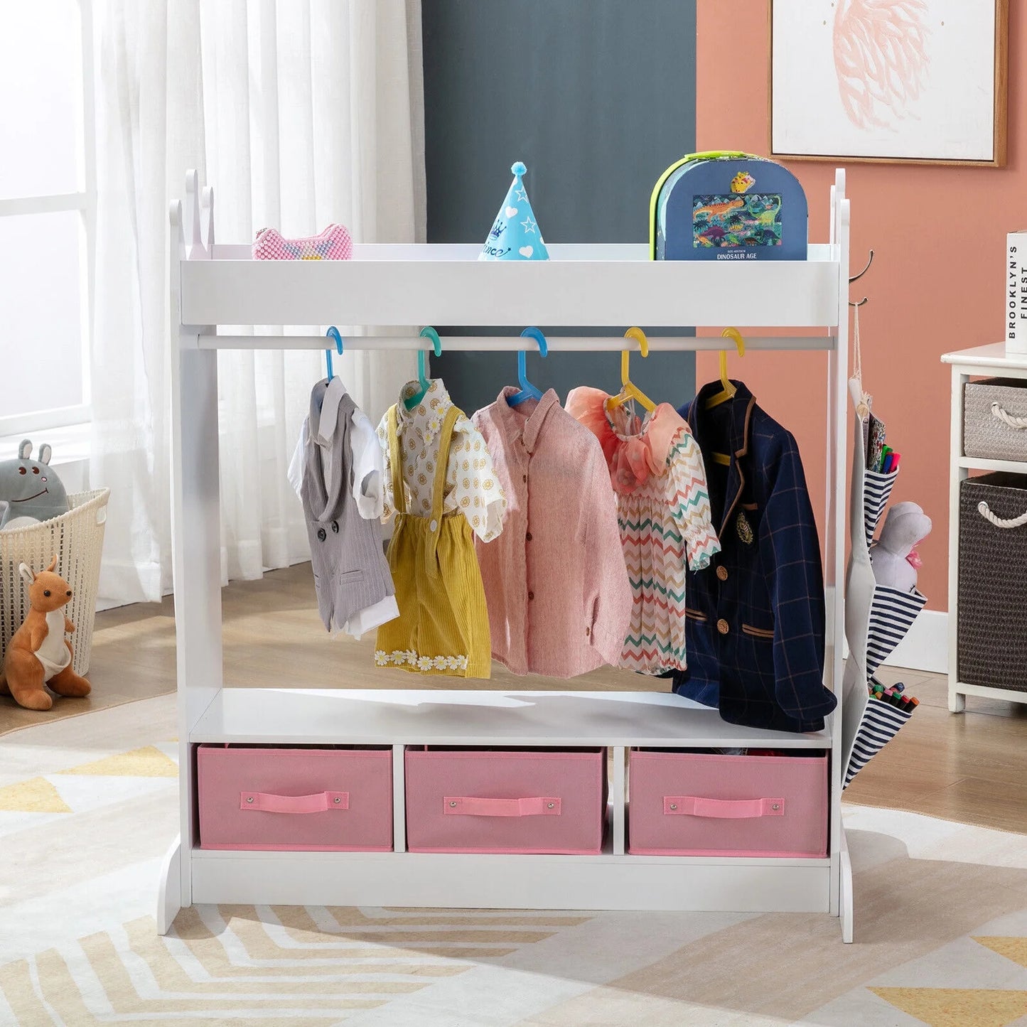 Kids Armoire Pretend Dress-Up Storage Openning Hanging Closet Wardrobe Girls Bedroom Furniture with Mirror, 3 Drawers, Side Pocket(White)