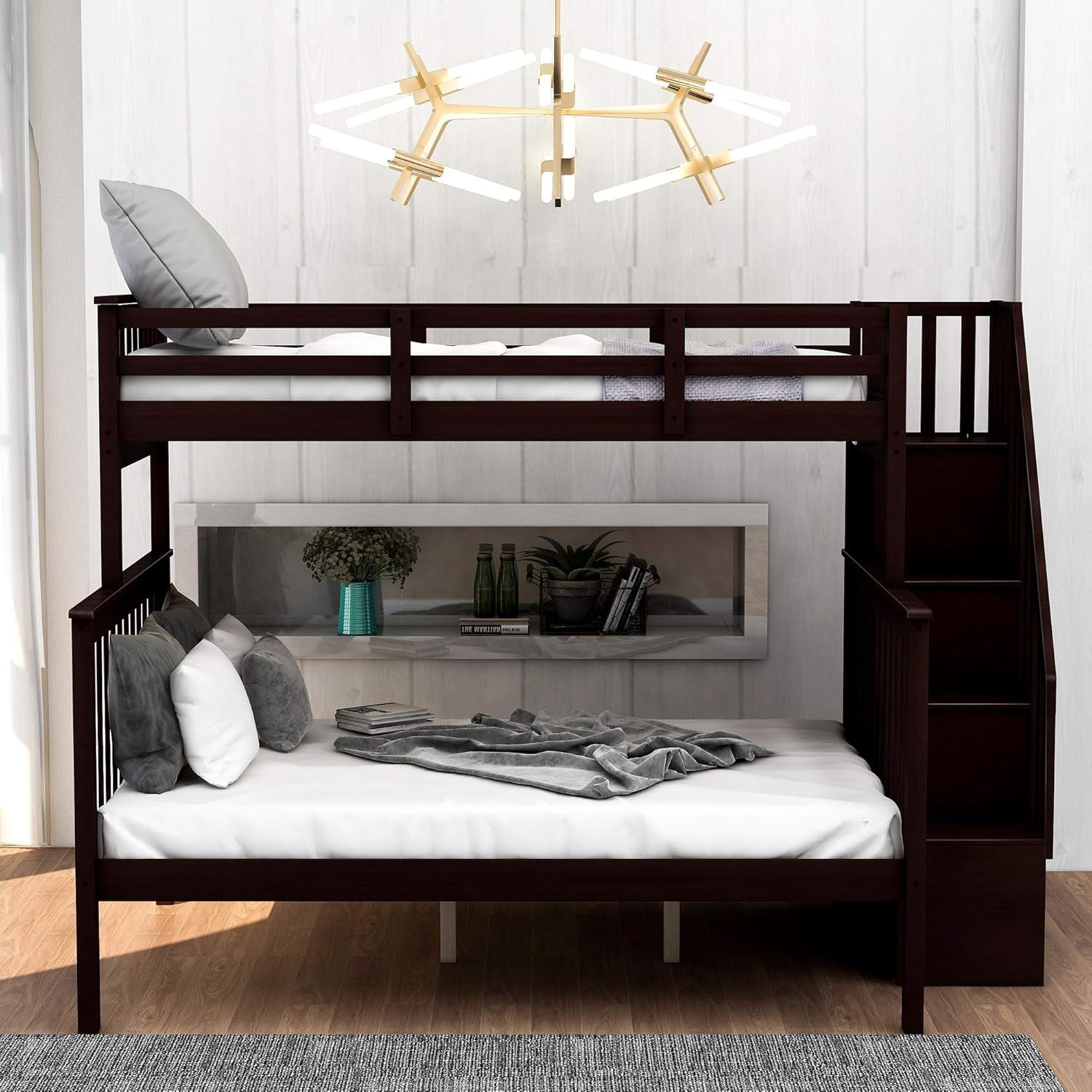 Bunk Bed with Stairway, Wood Bedroom Furniture Twin over Full Bunk Bed Frame with Storage and Safety Guard Rail, Convertible to Separate 2 Beds (Espresso)
