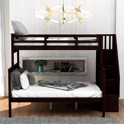 Bunk Bed with Stairway, Wood Bedroom Furniture Twin over Full Bunk Bed Frame with Storage and Safety Guard Rail, Convertible to Separate 2 Beds (Espresso)