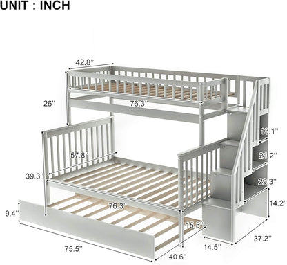 Twin over Full Bunk Bed with Trundle, Wood Bunk Bed Frame with Storage and Safety Rail, Bedroom Furniture, White