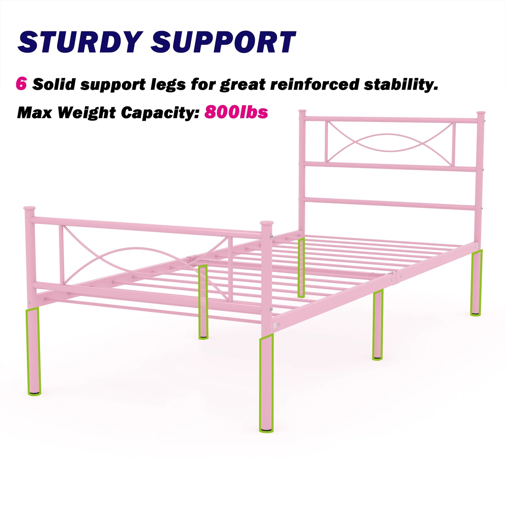 Kids Pink Metal Platform Bed Frame Twin Single Bed with Headboard & Footboard for Girls Bedroom Furniture, No Box Spring Needed
