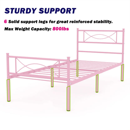 Kids Pink Metal Platform Bed Frame Twin Single Bed with Headboard & Footboard for Girls Bedroom Furniture, No Box Spring Needed