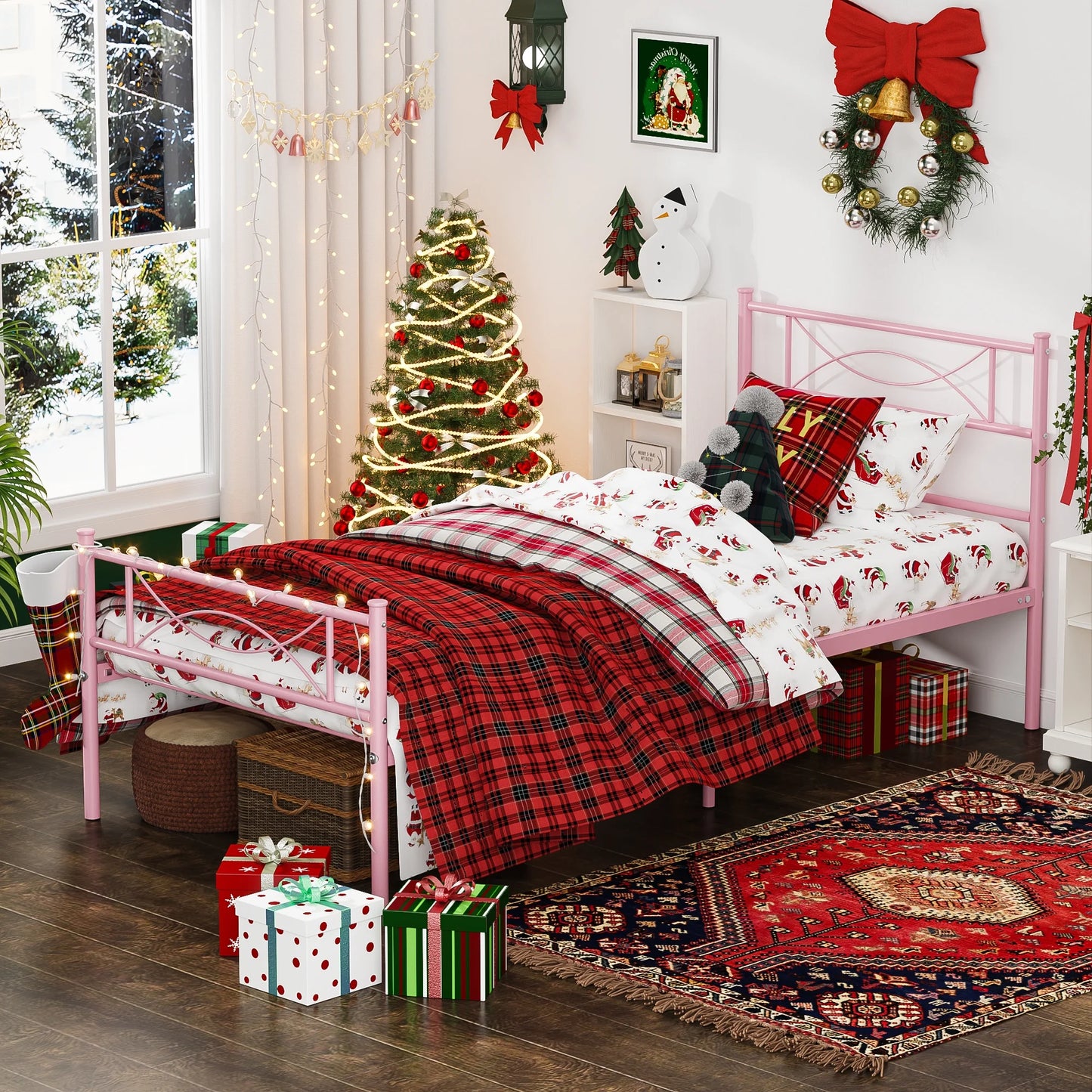 Kids Pink Metal Platform Bed Frame Twin Single Bed with Headboard & Footboard for Girls Bedroom Furniture, No Box Spring Needed