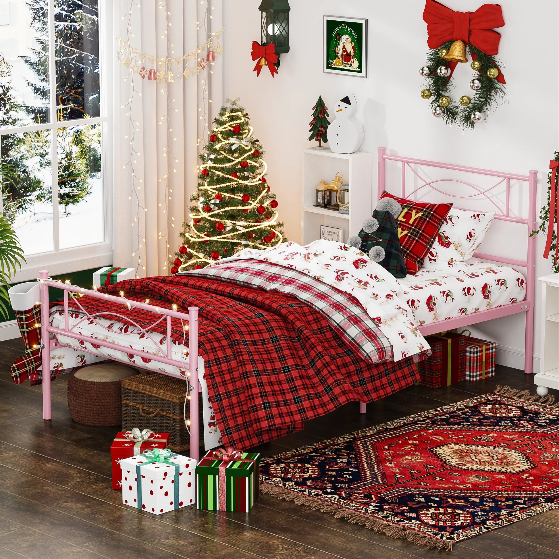 Kids Pink Metal Platform Bed Frame Twin Single Bed with Headboard & Footboard for Girls Bedroom Furniture, No Box Spring Needed