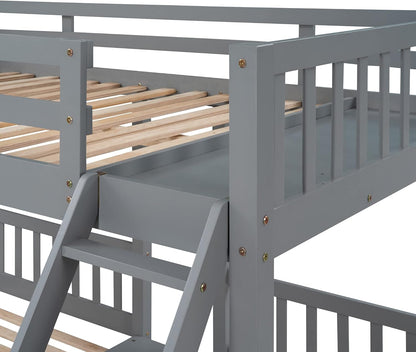 Full over Twin & Twin Bunk Beds, Wooden Triple Bunk Bed Frame with 3 Storage Drawers and Guardrails for Kids, Teens, Bedroom Furniture Bed, Grey