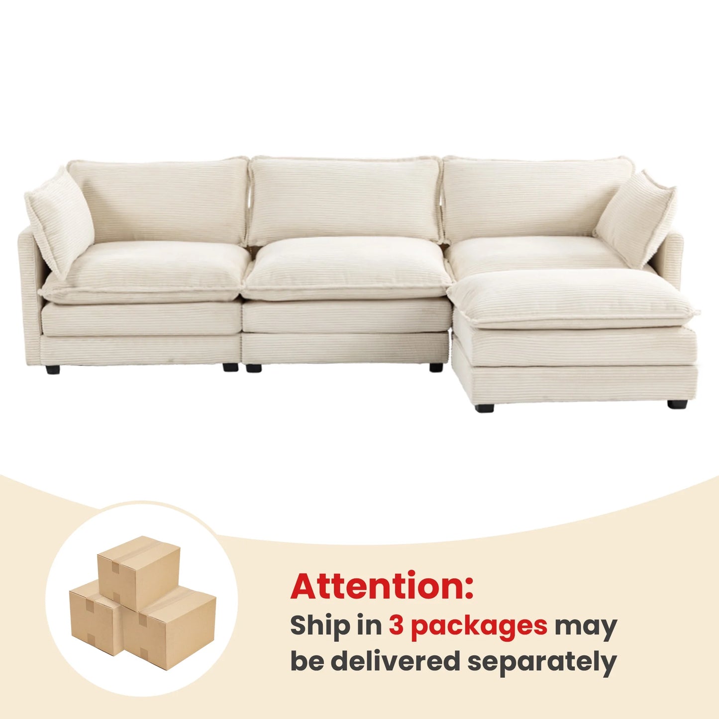 Sectional Sofa with Ottoman, Small L Shaped Free Combination Corduroy Couch Furniture Sets for Living Room, Beige