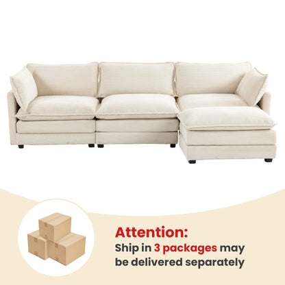 Sectional Sofa with Ottoman, Small L Shaped Free Combination Corduroy Couch Furniture Sets for Living Room, Beige