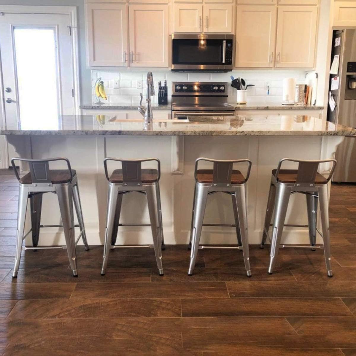 Metal Bar Stools Set of 4 Barstools Counter Height Bar Stools with Back Industrial Bar Stool Indoor Counter Stool Kitchen Island Stools Modern Bar Chair with Wood Top 24 Inch Silver