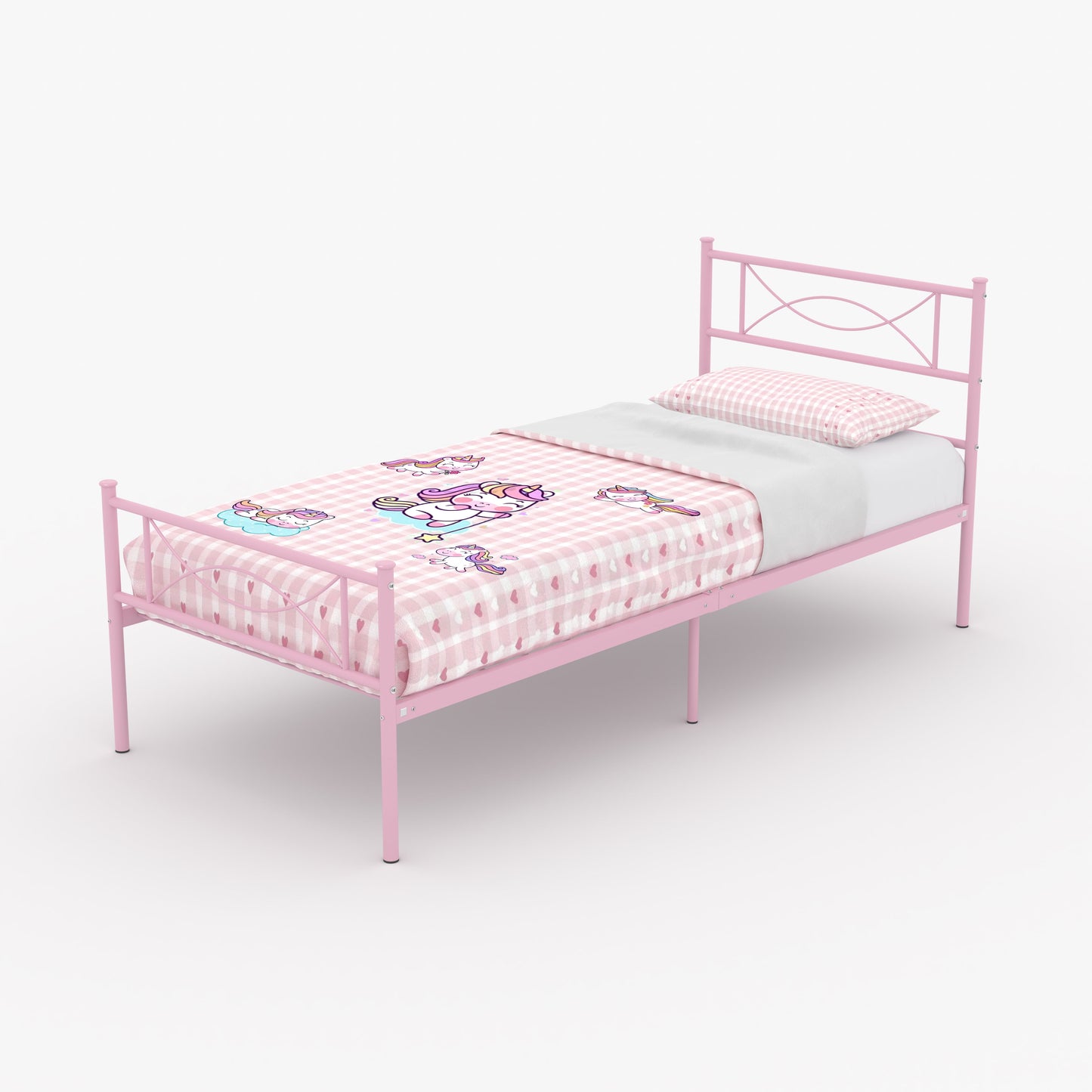 Kids Pink Metal Platform Bed Frame Twin Single Bed with Headboard & Footboard for Girls Bedroom Furniture, No Box Spring Needed