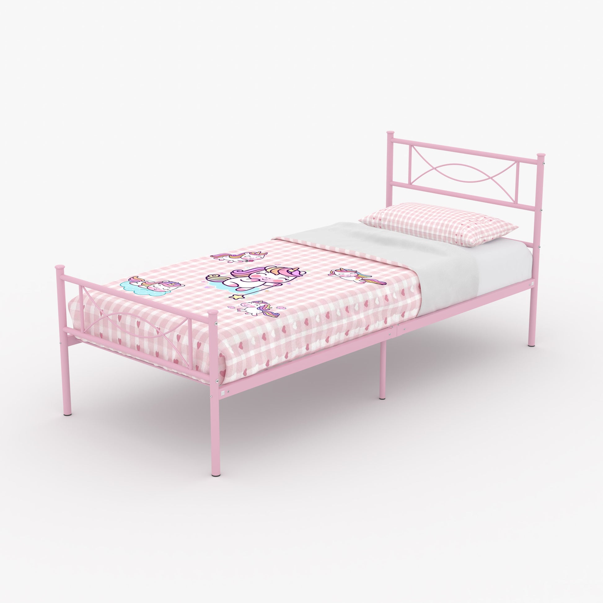 Kids Pink Metal Platform Bed Frame Twin Single Bed with Headboard & Footboard for Girls Bedroom Furniture, No Box Spring Needed