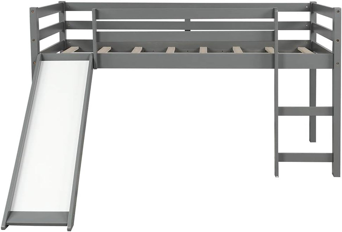 Loft Bed with Slide, Multifunctional Design Twin Wood Bed Frame (Gray)