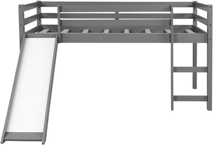 Loft Bed with Slide, Multifunctional Design Twin Wood Bed Frame (Gray)