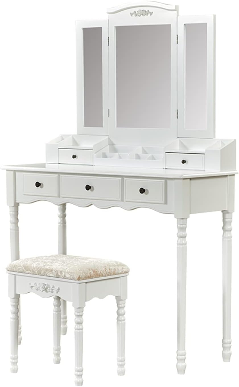 Vanity Table Set with Three Square Mirror Dressing Table and Cushioned Stool with 5 Drawers Bedroom Furniture for Girls Women
