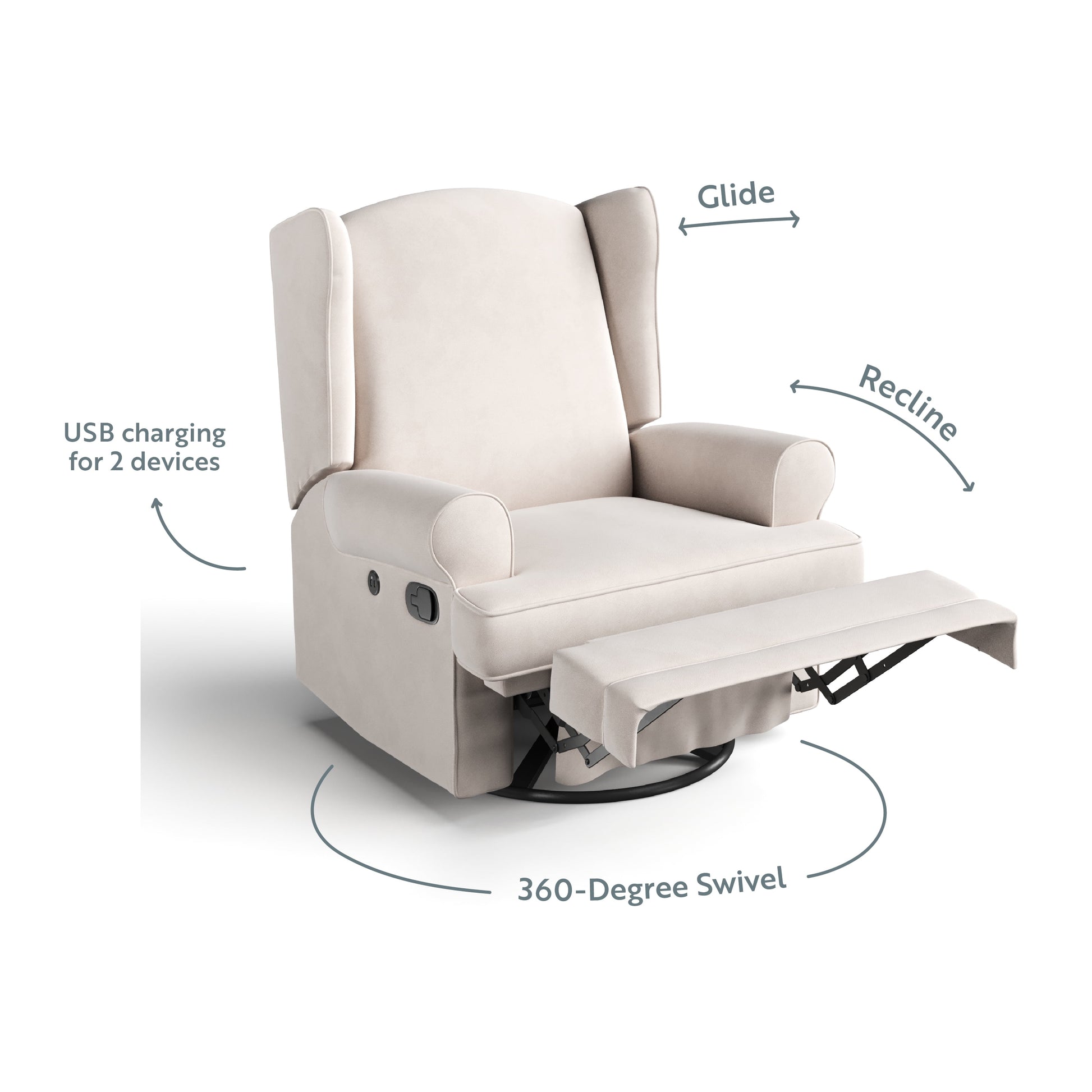 Serenity Wingback Infant Upholstered Recline Glider with USB, Ivory