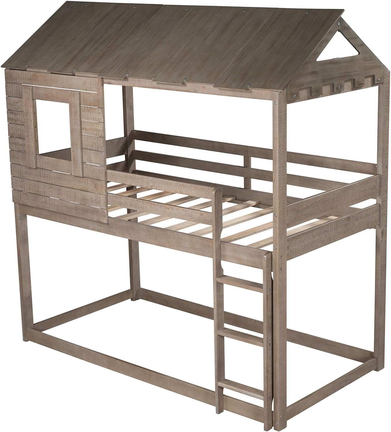 House Bunk Beds, Twin over Twin Bunk Bed Frame Low Bunk Bed for Kids Toddlers Boys Girls, Antique Gray