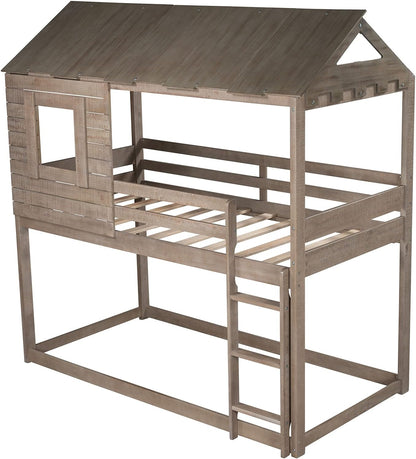 House Bunk Beds, Twin over Twin Bunk Bed Frame Low Bunk Bed for Kids Toddlers Boys Girls, Antique Gray