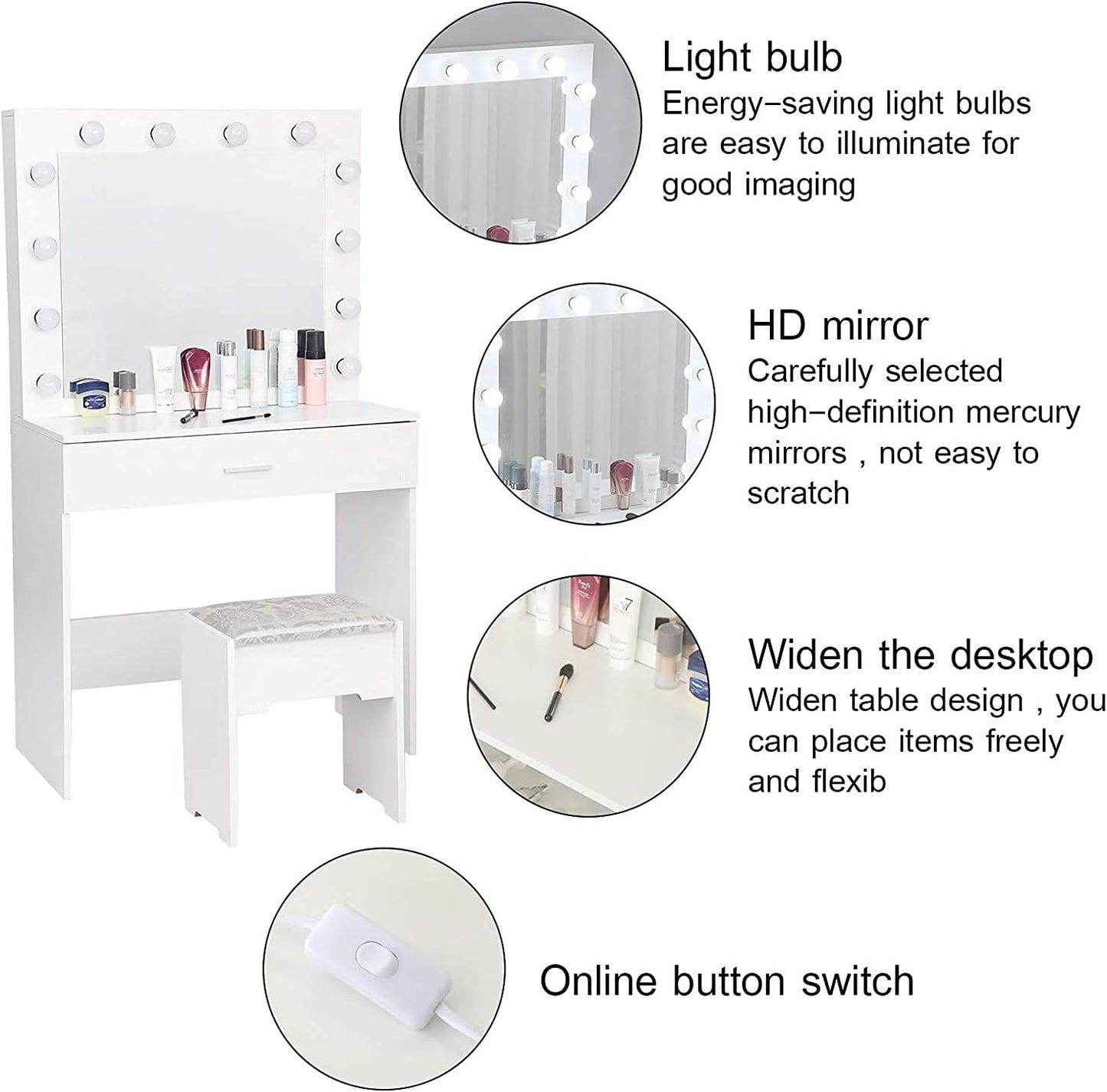 Vanity Set with Lighted Mirror, Makeup Vanity Dressing Table Dresser Desk with Large Drawer for Bedroom, White Bedroom Furniture(12 Cool LED Bulbs)