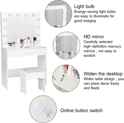 Vanity Set with Lighted Mirror, Makeup Vanity Dressing Table Dresser Desk with Large Drawer for Bedroom, White Bedroom Furniture(12 Cool LED Bulbs)