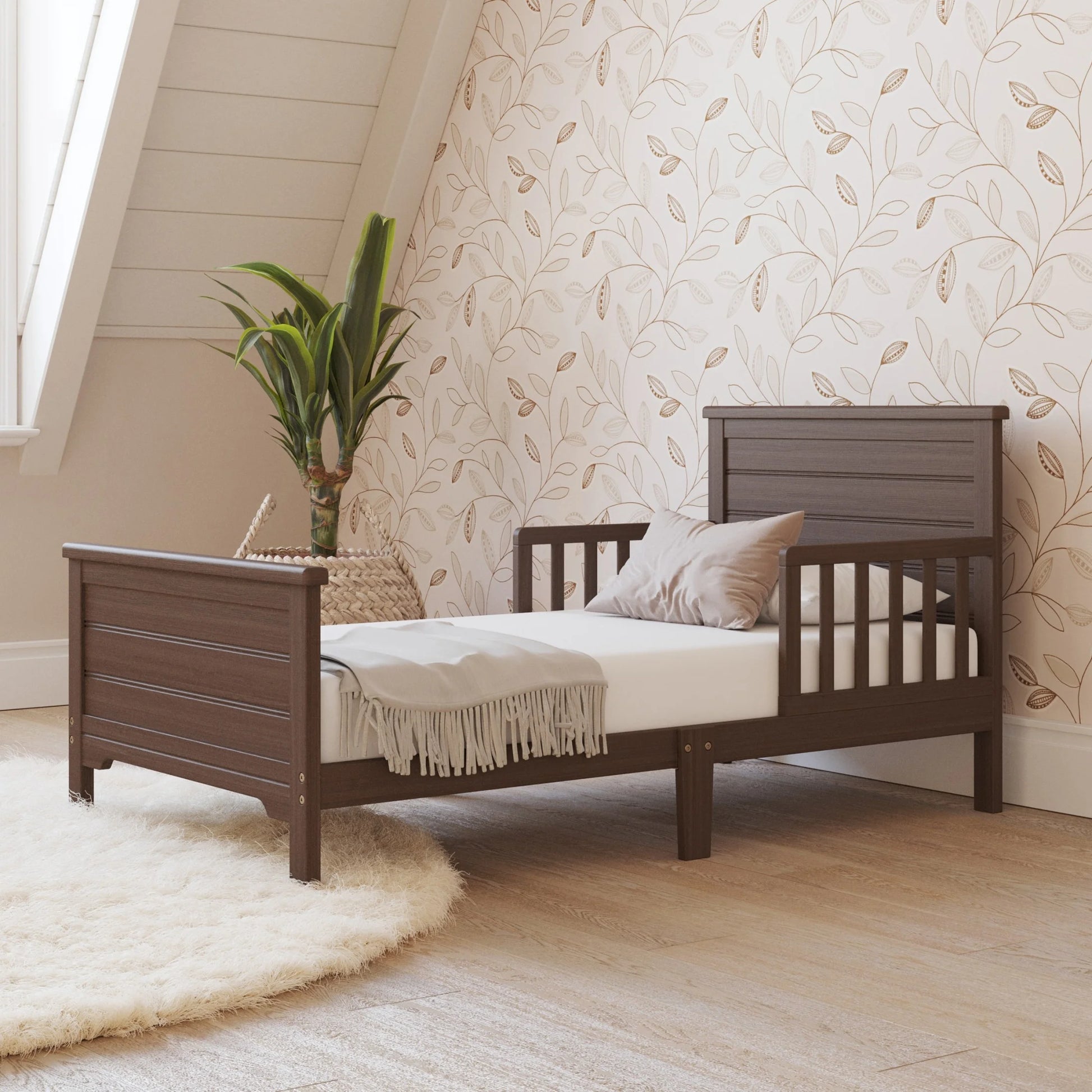 Woodland Toddler Bed and Nightstand Bedroom Set, Low to Ground Design, Brushed Truffle, 2-Piece
