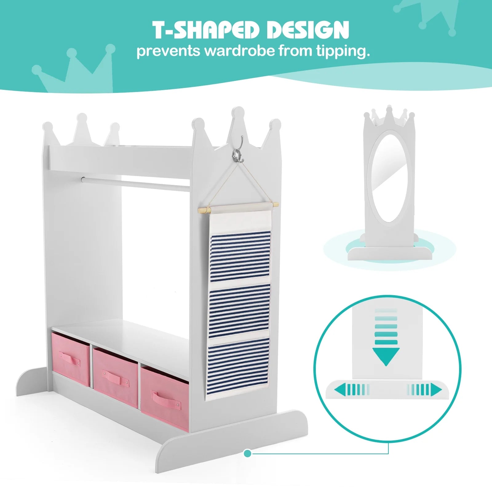Kids Armoire Pretend Dress-Up Storage Openning Hanging Closet Wardrobe Girls Bedroom Furniture with Mirror, 3 Drawers, Side Pocket(White)