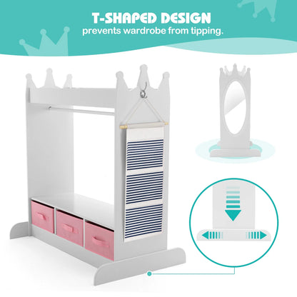 Kids Armoire Pretend Dress-Up Storage Openning Hanging Closet Wardrobe Girls Bedroom Furniture with Mirror, 3 Drawers, Side Pocket(White)