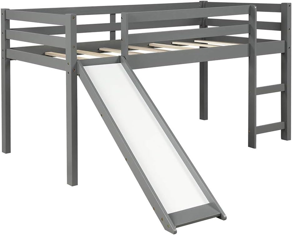 Loft Bed with Slide, Multifunctional Design Twin Wood Bed Frame (Gray)