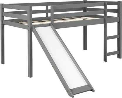 Loft Bed with Slide, Multifunctional Design Twin Wood Bed Frame (Gray)